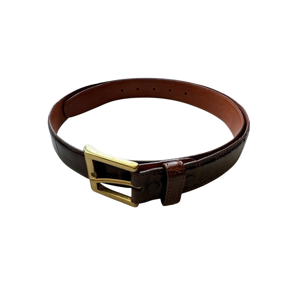 Bespoke Brown Genuine American Alligator Brass Buckle Belt Size 38 Made in Italy